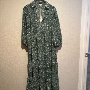 Max Studio Green Print Maxi Dress with Collar and Sleeves